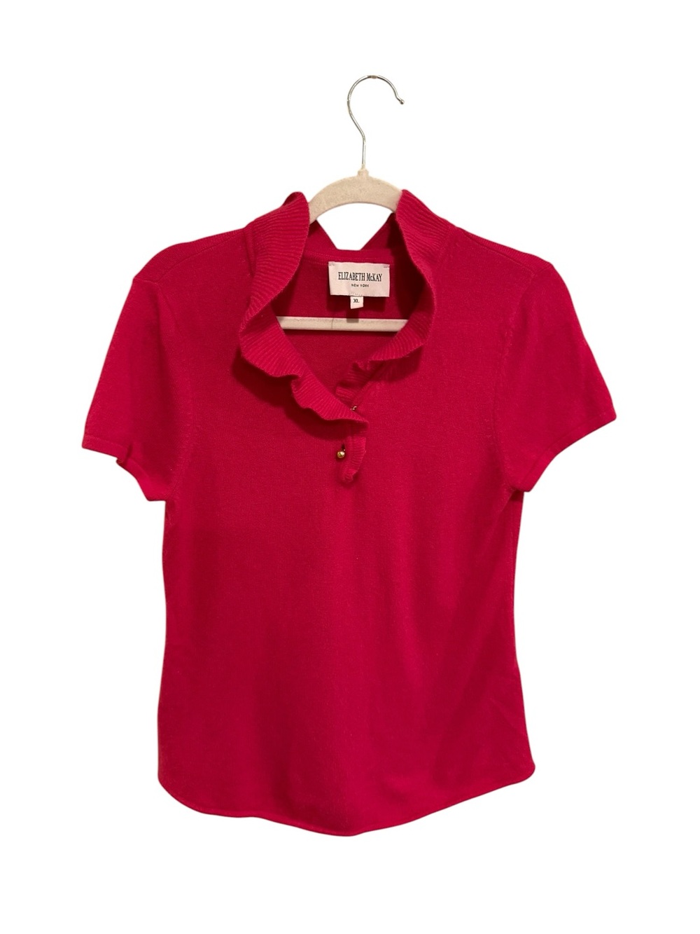 Elizabeth McKay 100% Cashmere Hot Pink Ruffle Collar Short Sleeve Top - Size XL